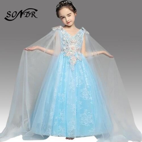 Sky Blue Flower Girl Dress HT145 Elegant V-neck Appliques Kids Ball Gowns Lace with Shawl Flower Girl Dresses for Weddings