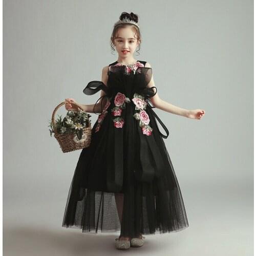 Flower Girl Dress Illusion O-Neck Appliques Crystal Embroidery Princess Floor-Length Tulle Lace Sleeveless Kids Party Gown H367
