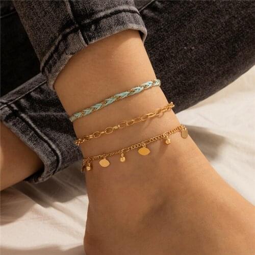 HuaTang 3pcs Boho Braided Rope Chains Anklet Set for Women Multilayer Gold Bead Pendant Cuban Foot Chains Female Beach Jewelry