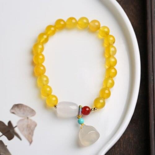 Lotus Pendant 8mm Natural Yellow Agate White Chalcedony Stones Beaded Bracelets for Women Fine Jewelry Christmas Gifts YBR599