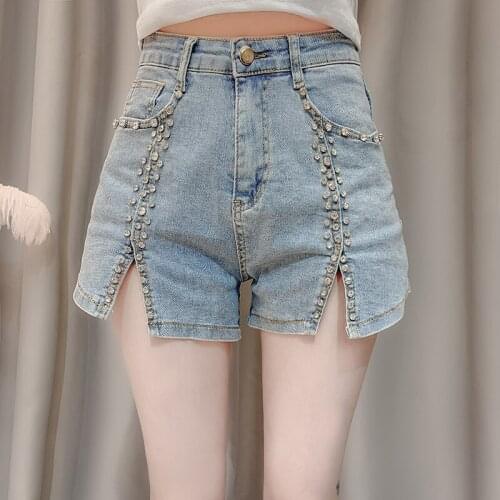 Shorts Womens Summer New Korean-style Slim Denim Pants Fashion Diamond Beads Cowboy Slit Hot Pants Ladies Shorts
