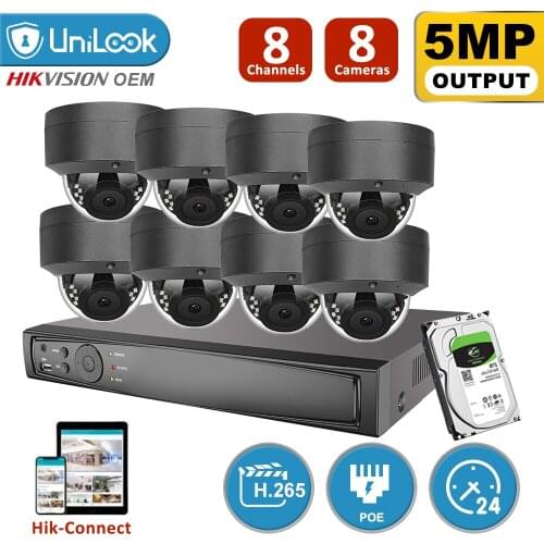 UniLook 8CH NVR 8Pcs 5MP Gray Dome POE IP Camera NVR Kit 2.8mm Fixed Lens Security Audio IR Motion Detection H.265 P2P Onvif