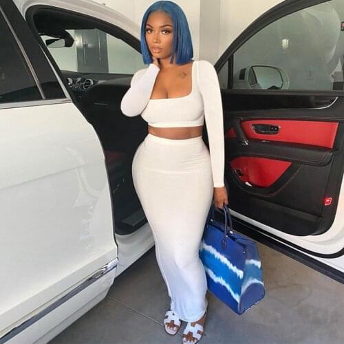 Wsevypo Autumn Women Two-piece Clothes Set Solid Color Long Sleeve Pullover Crop Tops and High Waist Maxi Bodycon Skirts