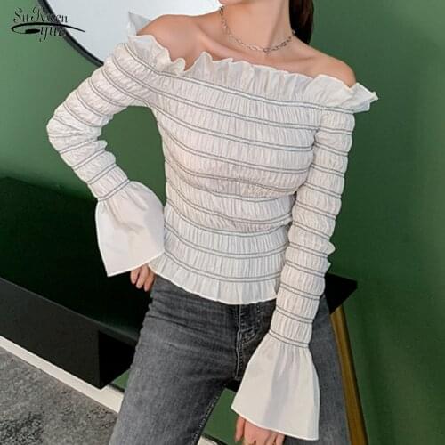 2021 Short Romantic Elegant Mesh Off-the-Shoulder Ruffle Shirt Autumn New French Flare Sleeve Blouse Female Blusas Mujer 11278