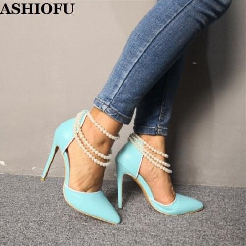ASHIOFU Handmade Ladies High Heel Pumps String-beading Sexy Party Dress Shoes Real-photos Evening Prom Fashion Court Shoes