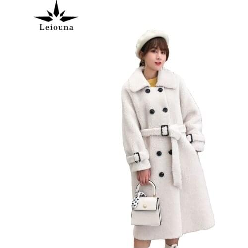 Leiouna Long Sleeve Thick Real Sheep Shearling Fashion Women Fur Coat Trend Pattern Belt Winter Wool Granule Warm Women Overcoat