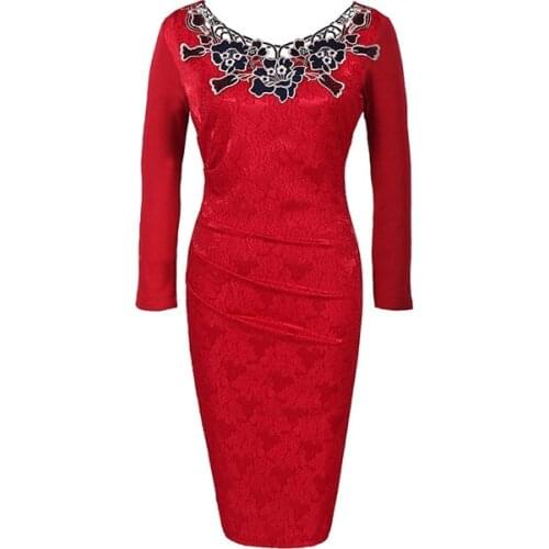 Vfemage Embroidery Elegant Retro Dobby Fabric Hollow Embroidered Pencil Bodycon Long Sleeve Dress Al722