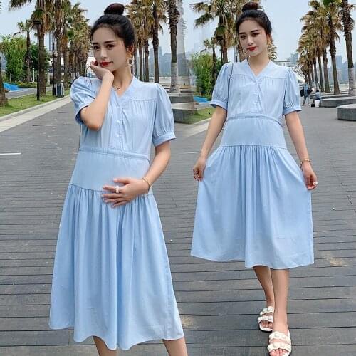 2021 Summer Korean Fashion Maternity Long Dress Elegant Chic Ins A Line Loose Clothes for Pregnant Women Pregnancy