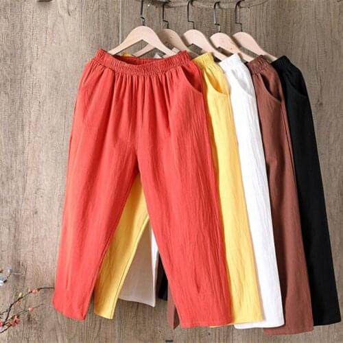 2021 New Women Summer Pants Cotton Linen Solid Elastic Waist Candy Colors Harem Trousers Soft high quality for Female Plus Size