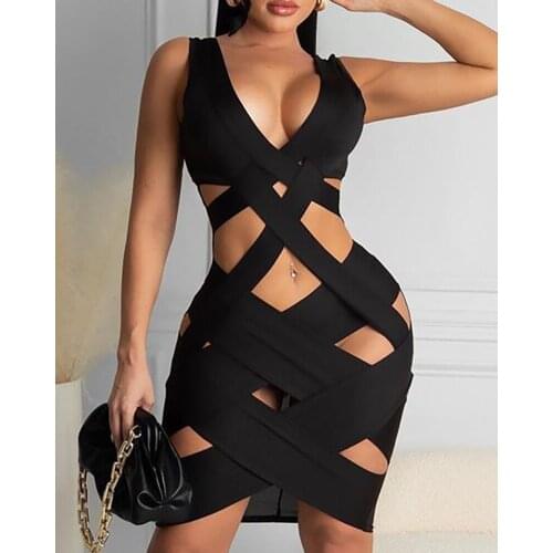 2021 Women Elegant Sexy Party Dress Female Stylish Patchwork Dress Plain Cutout Sleeveless Bodycon Dress