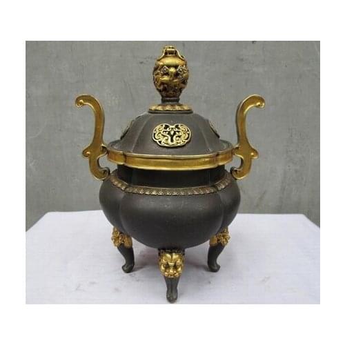 Bi002009 China 100% purple Bronze 24K Gold Gild Dragon Three-Lion legged incense burner
