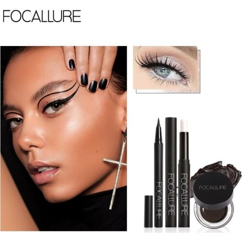 FOCALLURE 3 Pcs Eye Makeup Set Single Glitter Eyeshadow Stick Waterproof Eyeliner Eyebrow Gel Professional Makeup for Eye Shade