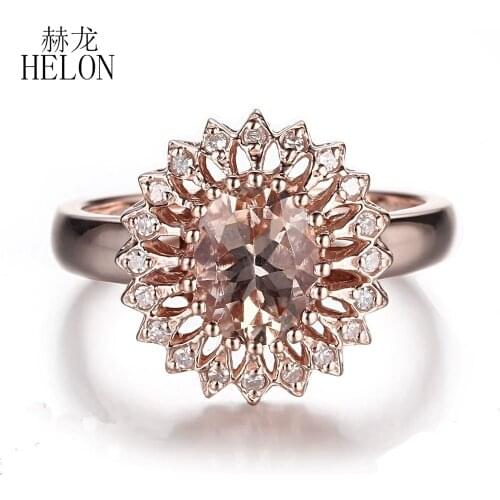 HELON Solid 14K Rose Gold Flawless Oval 9x7mm Natural Morganite Diamonds Engagement Ring Women Birthday Anniversarry Best Gift