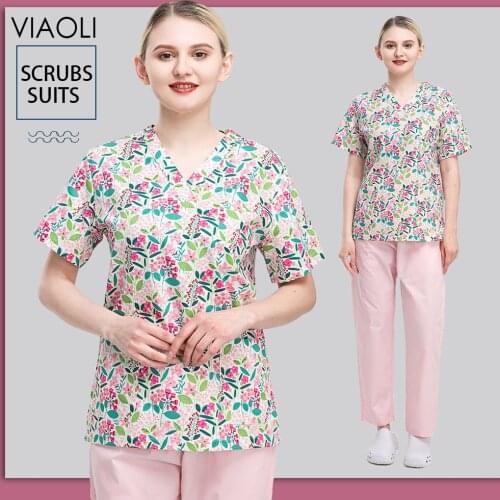 Scrubs Tops New Women Fashion Short Sleeve Neck Tops Print Working Uniform Blouse Shirt Uniformes Doctor Surgical Dental Clothes