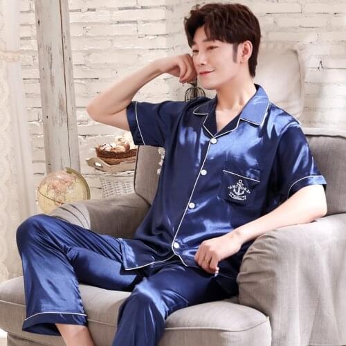 New Summer Mens Pajamas Set Soft Silk Satin Turn-down Collar Nightgown Sleepwear Elastic Pants Short Sleeve Male Pyjamas Set