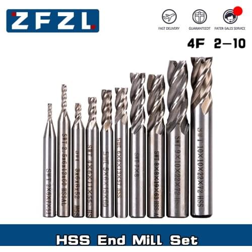10pcs 2-10mm HSS End Mill 2 3 4 Flute Carbide End Mill Milling Cutting Drill Bit for Power Tool CNC machining center