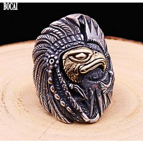 BOCAI 2020 new 100% real s925 pure silver fashion jewelry mens eagle ring Chieftain Totem Thai Silver Feather Ring for Man