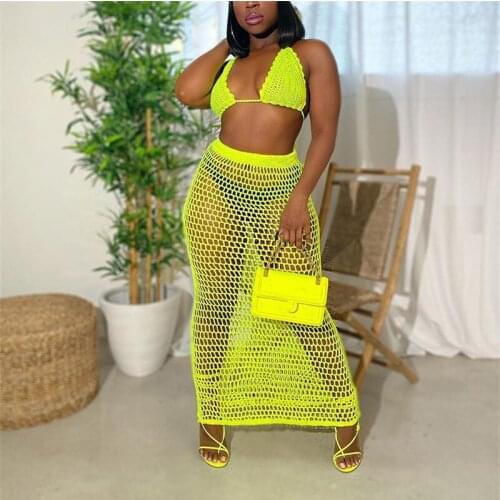 CHRONSTYLE Bikini Cover Ups Crochet Knitted Women Swimwear Set Beach Fishnet Hollow Out V-neck Halter Bra High Waist Long Skirts