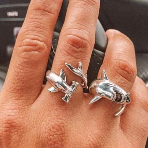 2pcs/set New Creative Animals Shark Rings for Women Men Silver Color Fashion Adjustable Opening Metal Ring Punk Couple Jewelry
