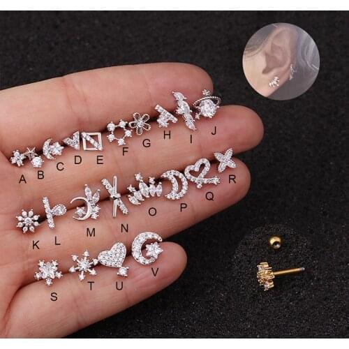 Flat Back Ear Piercing Crystal Flower Crown Heart Moon Cz Cartilage Helix Conch Stud Earring