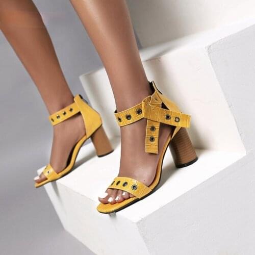 GXMHDD Gladiator Sandals Women Shoes 2020 Summer New Fashion Open Toe Block High Heels Big Plus Size 43 Yellow Party Punk Shoes
