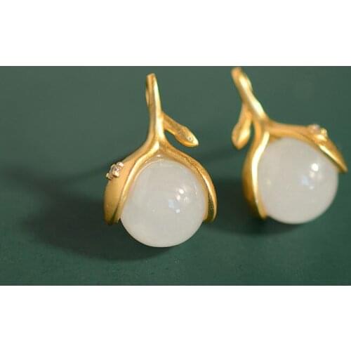 Silver natural Hetian Jasper plant Earrings Chinese style retro exquisite small palace charm womens Christmas brand jewelry