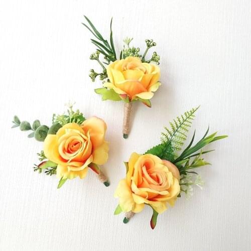 Wedding Groom Boutonniere Brooch Flowers Wrist Corsage Bracelet Bridesmaids Orange Yellow Roses Lapel Pin Buttonhole Accessories