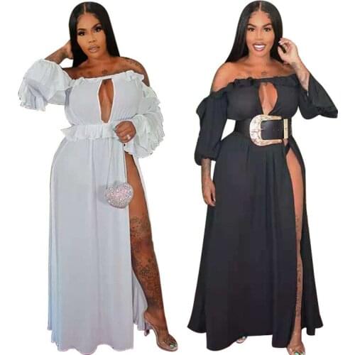 High Splitting Black White Off Shoulder Cut Out Hollow Metal Circle Slit Sexy Party Evening Long Maxi Floor Dress Clothing Women