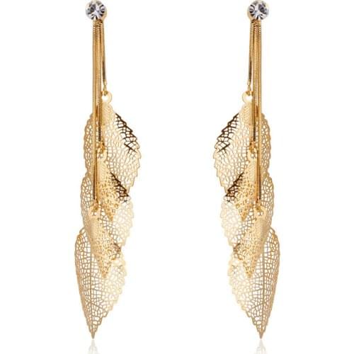 Gold Color Snake Chain Linked Three Filigree Cut Out Leaves Long Tassel Drop Dangle Earrings For Women Jewellery Jewelry Aros