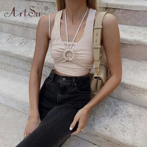 ArtSu 2021 Summer Vest Slim Two-Piece Set Pure Color Fashion Hollow Out Tank Top Women Sexy Sleeveless Crop Top Clubwear