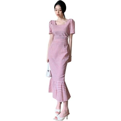 Fashion Summer Korean Retro Streetwear Long Dress Ladies OL Sweet Square Collar Casual Plaid Print Ruffle Split Vacation Dress
