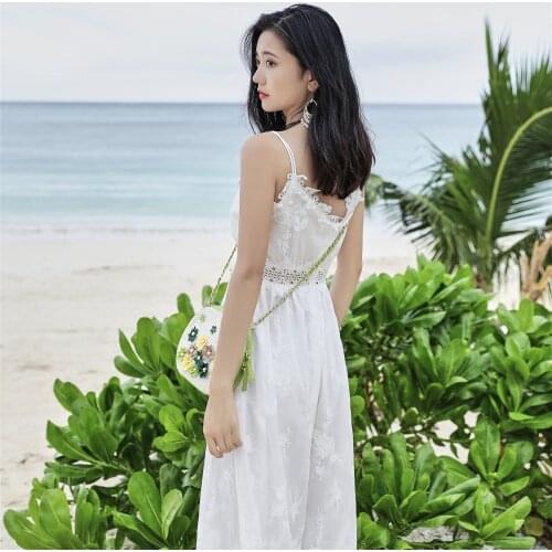 Fashion Dress Summer V-Neck Embroidery Lace Spaghetti Straps High Waist Backless Dresses Sexy Backless Dress Slim Women Elegant