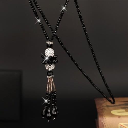 BUDROVKY New Women Graceful Crystal Beads Strand Necklace Fashion Joker Long Tassel Sweater Chain Jewelry Dropshipping