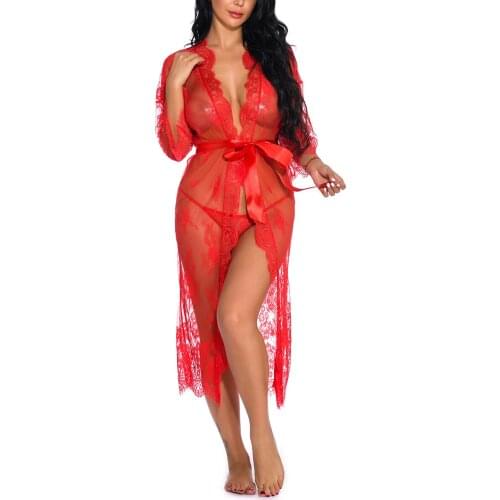Womens Sexy Lace Mesh Lingerie See-through Underwear Robe Two-pieces Set Long Sleeve Low Waist G-string Pajamas