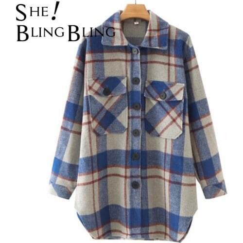 SheBlingBling Za Woman 2021 Traf Coat Outerwear Fashion Oversize Wool Coat Long Plaid Shirt Jackets Vintage Long Sleeve Blouses