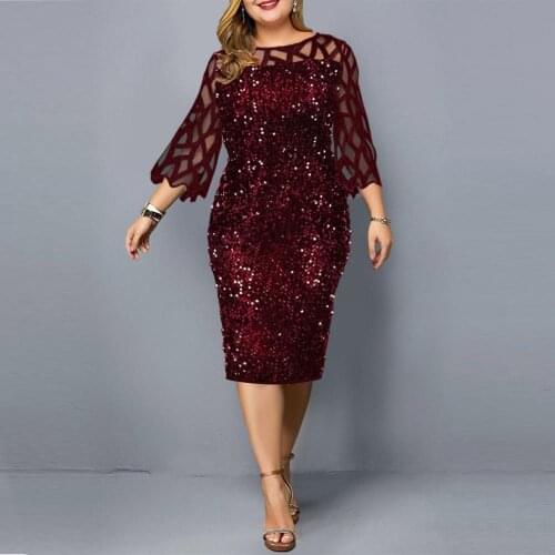 Womens Party Dress Summer Dress for 2021 Elegant Sequin Mesh Women Casual Dresses Wine Red Ladies Wedding Evening Club Outfits