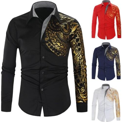 2021 large size shirt men, ethnic dragon-print hot gold-rimmed long-sleeved shirt men, loose tops, mens shirts