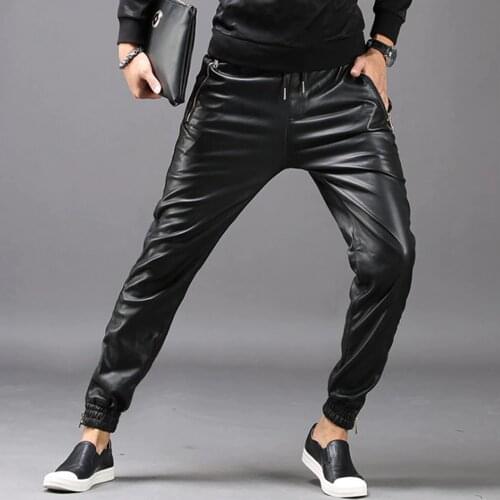 TSINGYI Moto Biker Faux Leather Pants Men Joggers Harem Pant Elastic Waist Zipper Pockets Black Streetwear Slim Fit Men Clothing