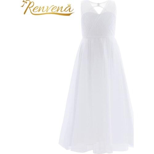 Childrens Pleated Mesh Cutout Back Flower Girls Dress Eucharist Holy Communion Dress For Girls Wedding Party Kids Summer Dresses