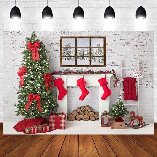 White Brick Wall Fireplace Christmas Tree Red Socks Baby Christmas Photography Backdrops Photocall Photo Background Studio Prop