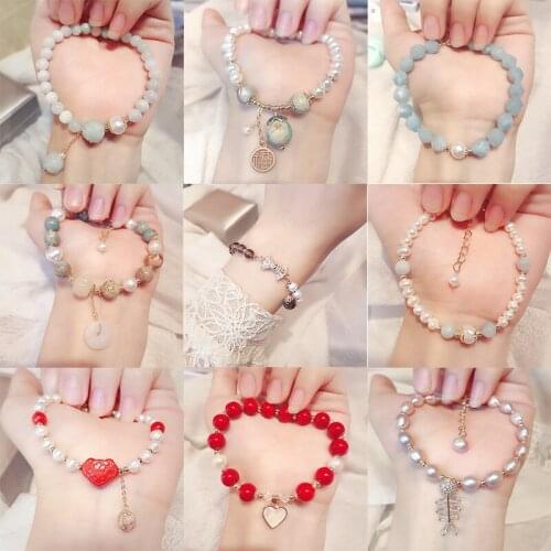 Korea Real Gold Plated Pearl Bracelets Female Exquisite Bowknot Temperament Ins Niche Design Obsidian Jewelry