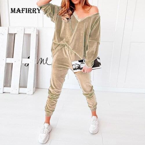 New Women Solid Velvet V-Neck Long Sleeve Simple Casual Suit Spring Autumn Loose Elastic Waist Ladies Sets Drawstring Loungewear