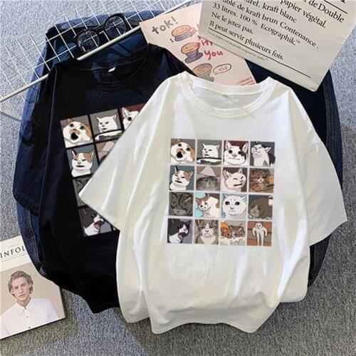 Cat Tshirt Women Harajuku Summer Ulzzang Cartoon Hippie Smiley Kawaii T-shirt Vintage Loose Short Sleeve Female T-shirt Clothes