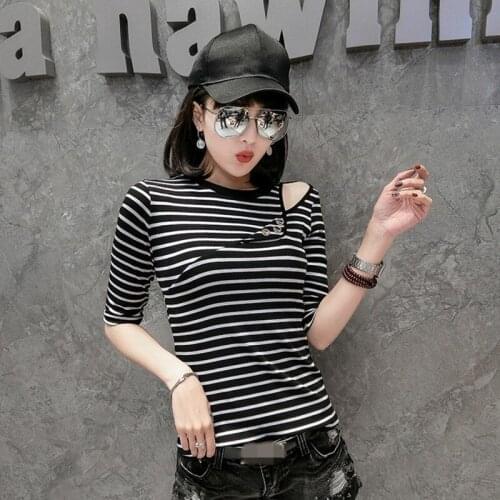 Fashion 2020 Summer Womens Half Sleeve Sexy Hollow Out Striped Tees Top O-Neck Pullover Slim Fit Femlae Plus Size S-3XL T-Shirts