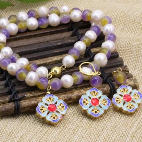 Natural white 9-10mm pearl 8mm multicolor jades round beads necklace gold-color cloisonne earring women jewelry set 18inch B3183