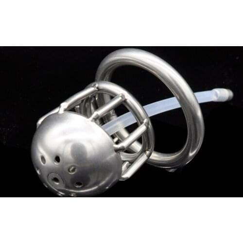 Stainless Steel Small Male Chastity Cock Cage with Short Catheter Cock Ring Sex Toy Fetish Bondage Chastity Device for Men G131