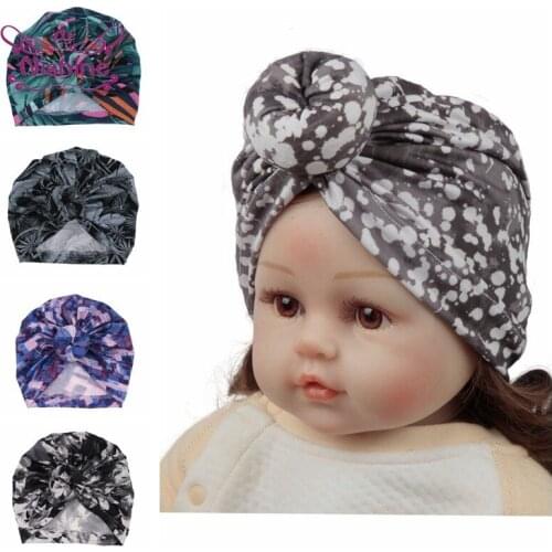 Nishine Infant Baby Girls Print Dot Lattice Turban Hats Nylon Elasticity Knot Beanie Newborn Caps Headwear Photography Props