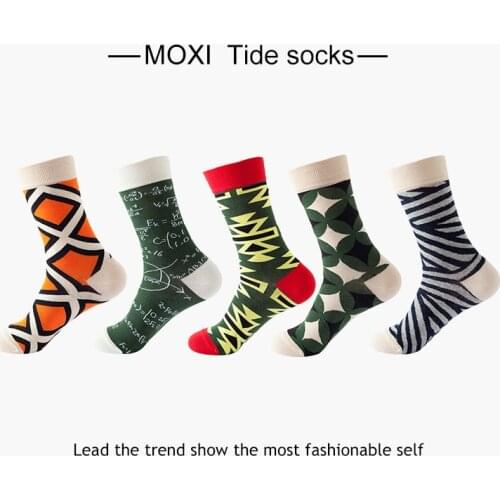 New Products Mens Combed Cotton Printed Socks Colorful Geometric Cartoon Pattern Series Skateboard Hip Hop Series Novelty Socks