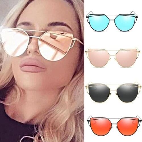 IMucci NEW Brand Design Cat Eye Sunglasses Women Metal Frame Flat Double Bridge Sun Glasses Vintage Mirror Shades