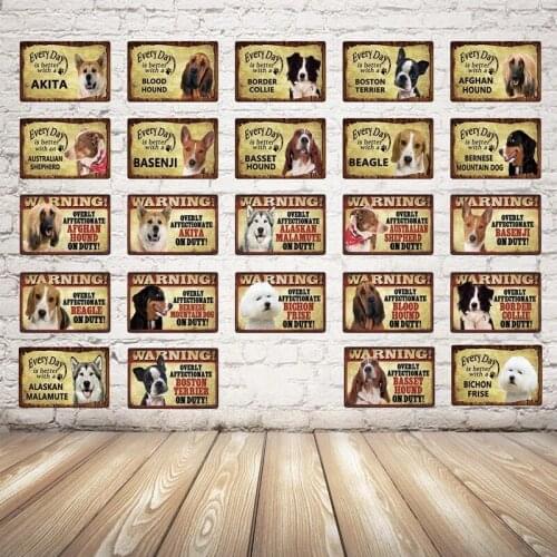 Dog Warning Tin Sign Pastoral Lovely Pets Dog Metal Plaques Corgi Akita Beagle Plaque Plate Club Plaque Sign Bar Home Wall Decor